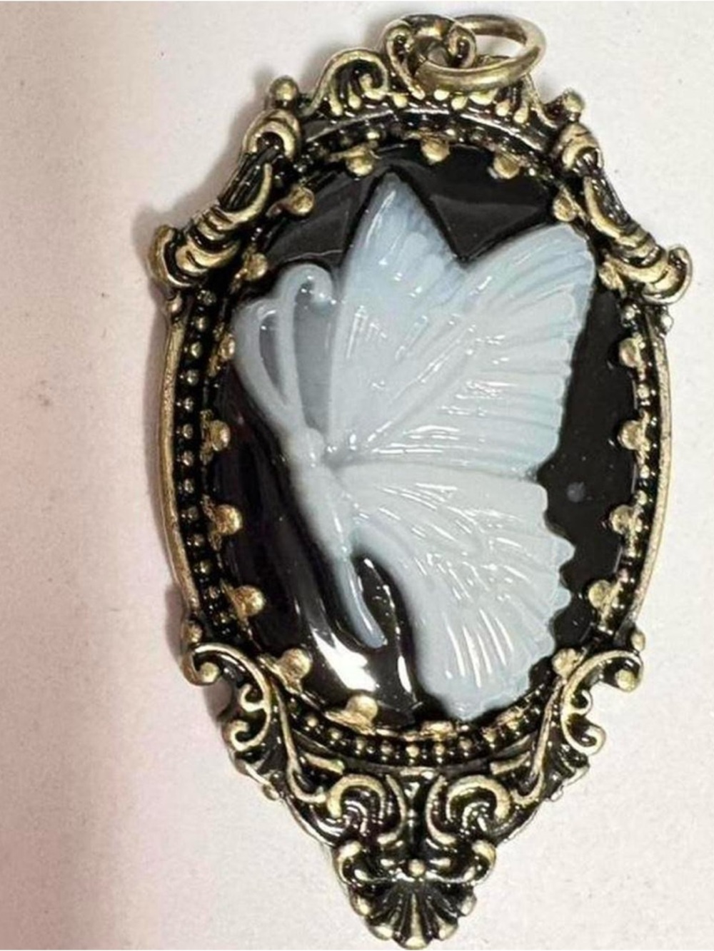Vintage-Style Butterfly Cameo Pendant Necklace in Black and White